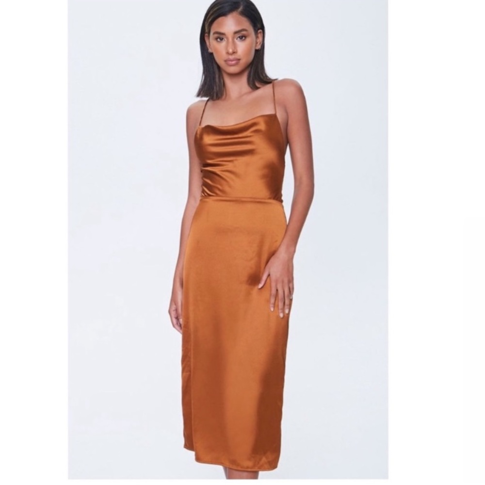 Satin Cowl Neck Open Back Midi Dress